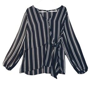 Alfani Blouse Women's XL Long Sleeve Polyester Black White Green Stripe Resort